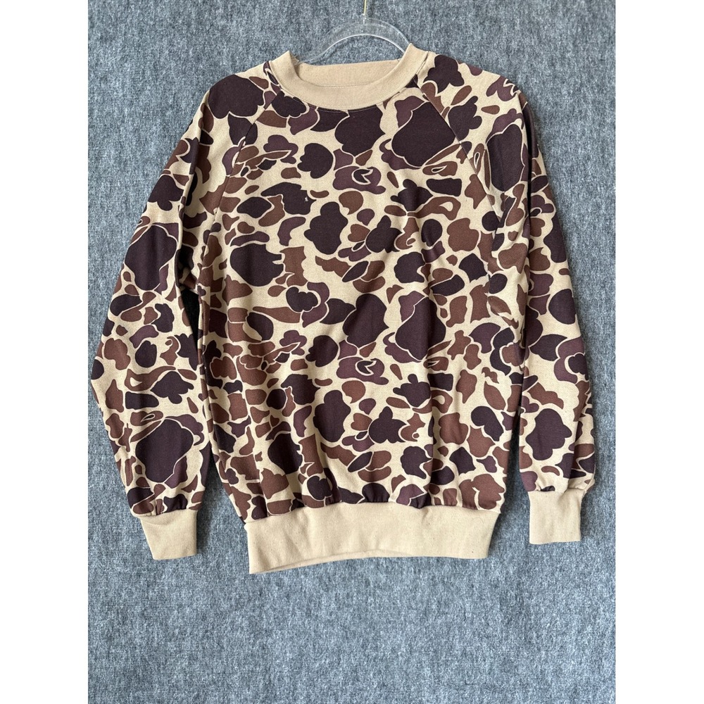 Vintage Duck Bay Frog Skin Camo Sweatshirt Mens Medium Brown Tan Raglan Crewneck